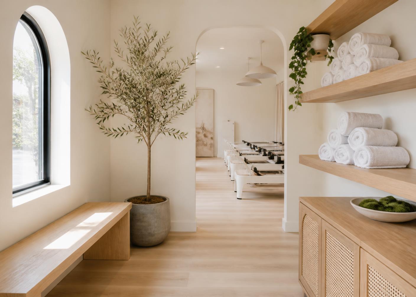 Bright, airy studio space with ivory walls, natural wood floors and potted plants